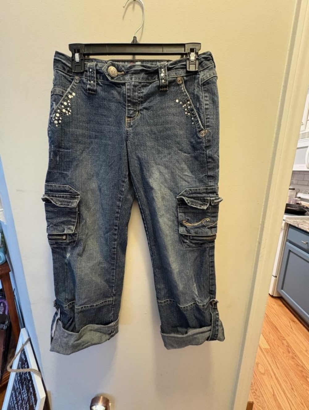 Dark Wash Denim Cargo Capris with Stud Detail - Blue